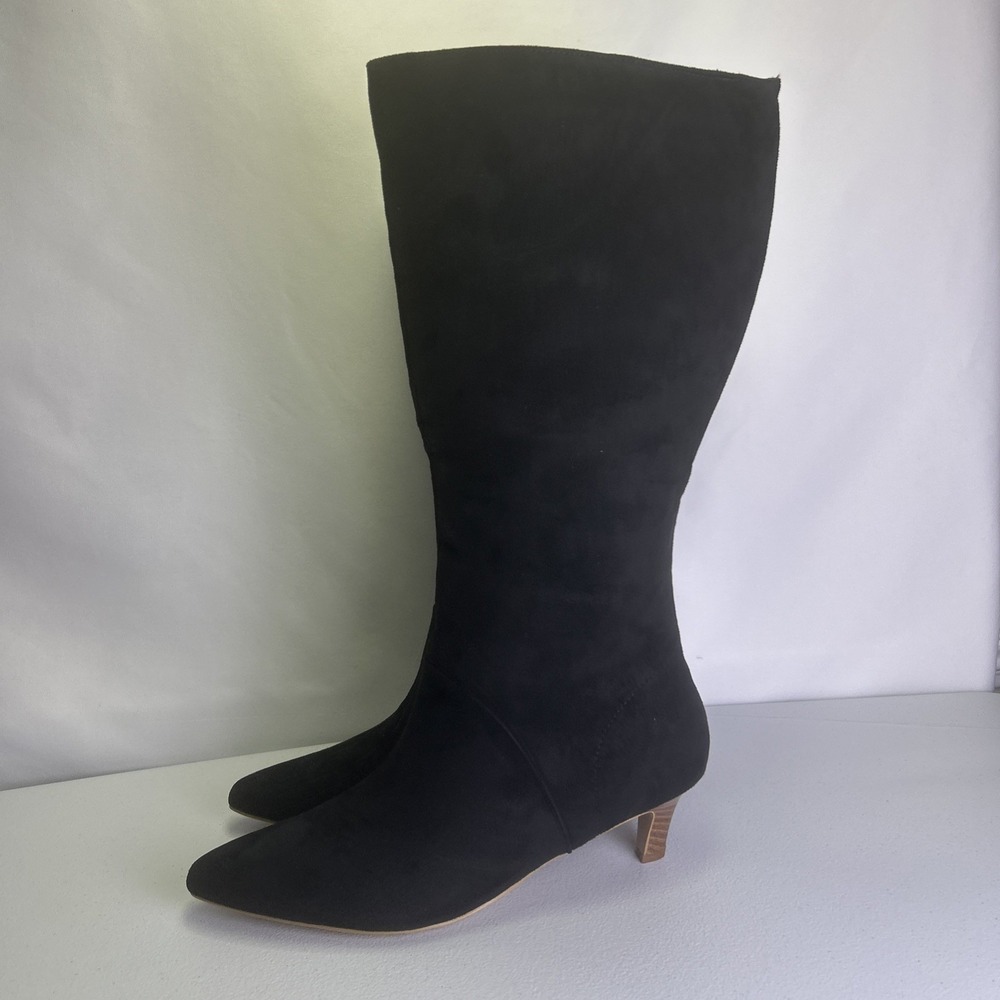 Coutgo Black Suede Knee High Boots Size 8.5 NIB Pointed Toe Kitten Heel